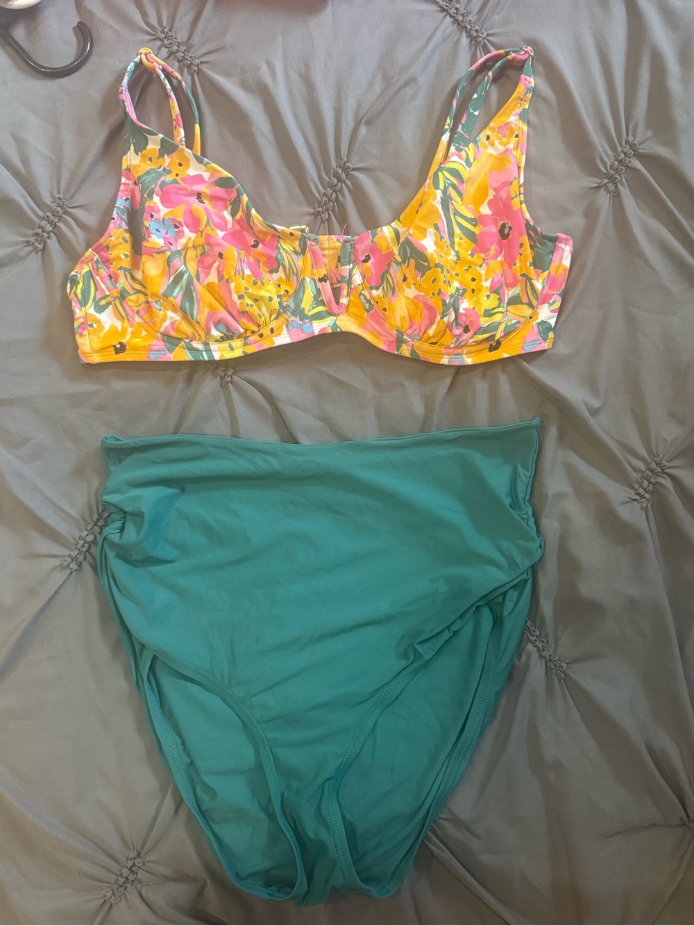 Anne Cole Yellow Floral Bikini Top with Teal High-Waist Bottom